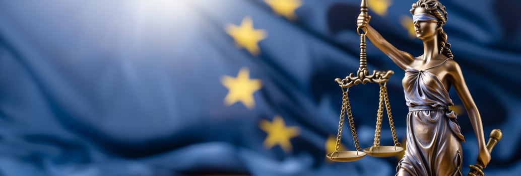 AI generated Lady Justice Statue, EU Flag Backdrop photo