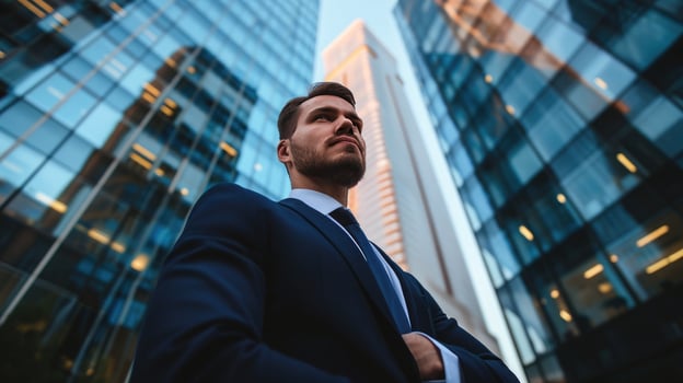AI generated man in business suit standing in front of a big office building photo