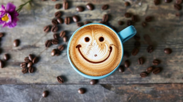 AI generated cappuccino coffee with happy smiley face, Ai Generated. photo