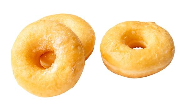 Front view set of three delicious Cinnamon Sugar Mini Donuts isolated on white background with clipping path. Donuts with sugar sprinkle photo