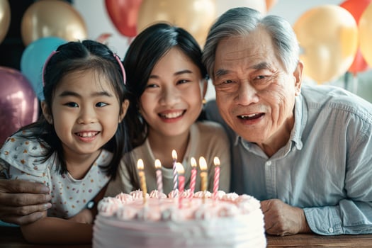 AI generated Grandfather Celebrating Birthday with Granddaughters with AI generated. photo