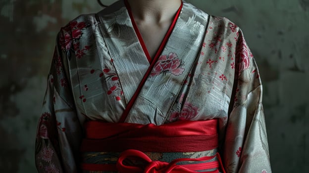 AI generated Japanese woman wearing a kimono with a red ribbon in her hand, ai generative photo