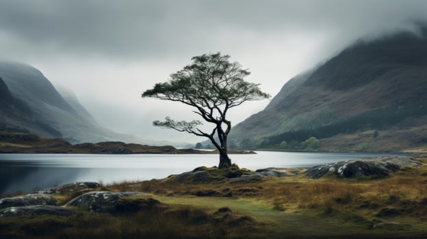 AI generated Solitary tree and a craggy mountain backdrop a moody view photo
