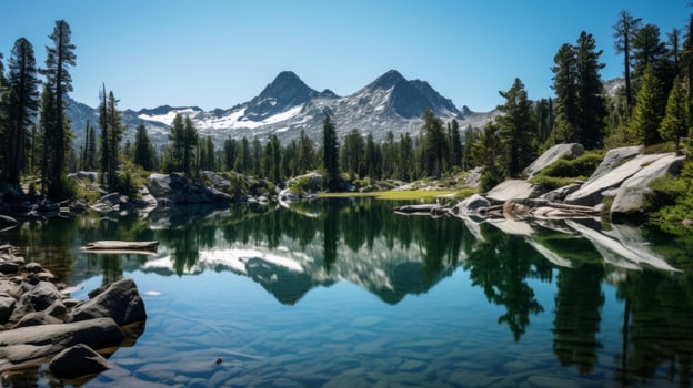 AI generated Peaceful lake and pine woods in mountainous terrain photo