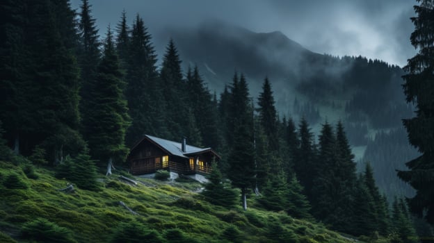 AI generated Mountain hut and fir trees with snow and sunlight photo
