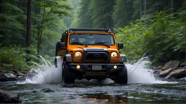 AI generated Modern off road vehicle driving trough river in the forest, auto adventure concept, automotive background, action wallpaper photo