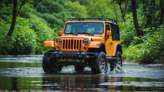 AI generated Modern off road vehicle driving trough river in the forest, auto adventure concept, automotive background, action wallpaper photo