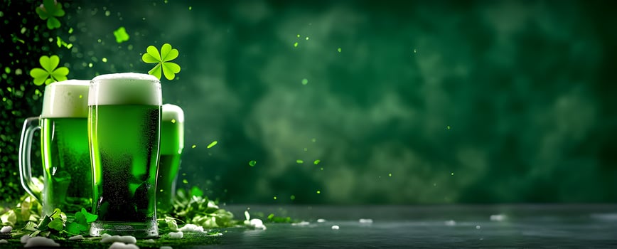 AI generated Green Beer with shamrock leaves for design St Patricks Day celebration post photo