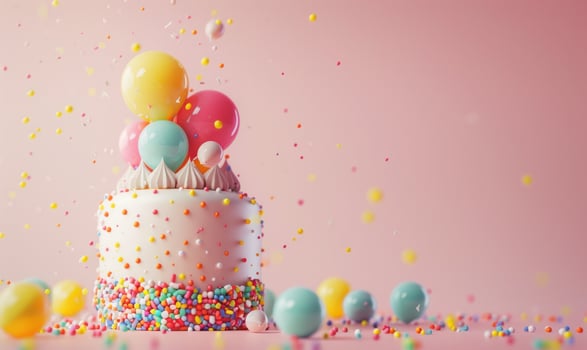 AI generated a colorful cake with blue and pink balloons on a pink table top photo