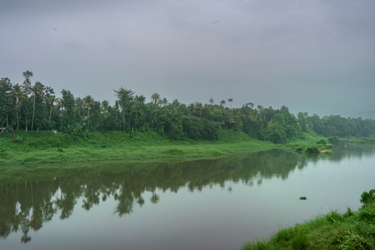 A landscape view of a calm river with green trees and mountain in India photo