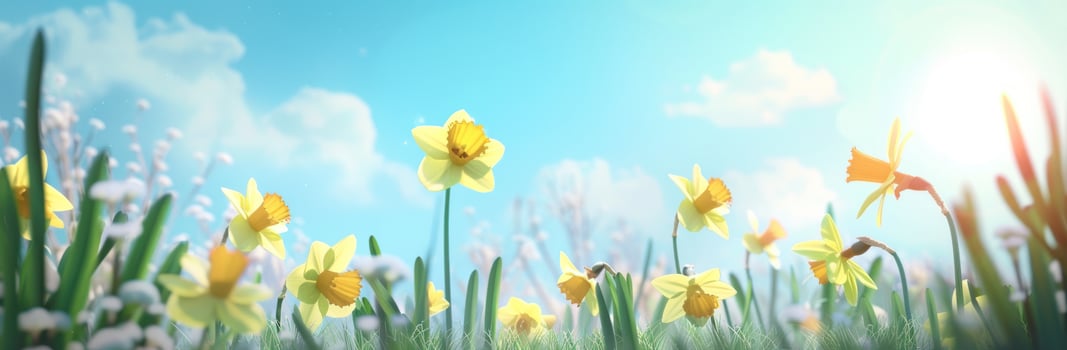 AI generated a spring field with yellow daffodils, a blue sky and sun photo