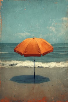 AI generated A yellow umbrella on a deserted beach against the background of the sea photo