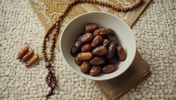 A bowl of dates and prayer beads on a prayer mat photo