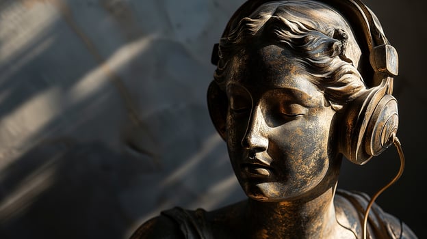 AI generated An antique bust sculpture in modern headphones. Bokeh in the background. AI generated. photo