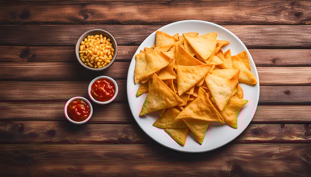AI generated Nachos corn chips in a plate on a wooden table. Mexican food concept. Top view. photo