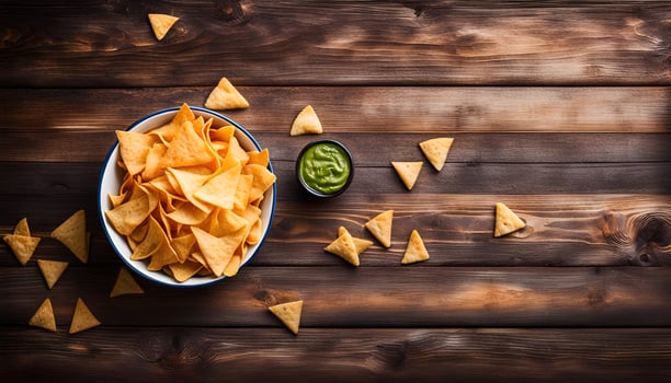 AI generated Nachos corn chips in a plate on a wooden table. Mexican food concept. Top view. photo