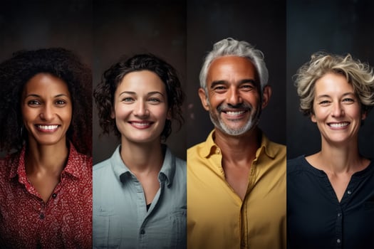 AI generated Set of portraits of adults of different sex and race, variety. Smiling men and woman in casual clothes photo