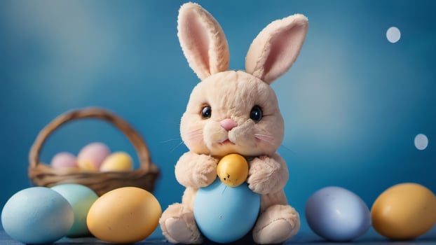 AI generated Photo Of A Sweet Stuffed Bunny With Easter Eggs On The Blue Background Edited Ai Illustration. AI Generated