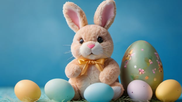 AI generated Photo Of A Sweet Stuffed Bunny With Easter Eggs On The Blue Background Edited Ai Illustration. AI Generated