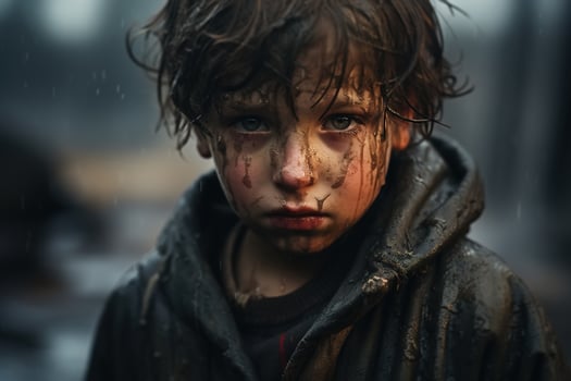 AI generated Portrait of a sad dirty child in damp clothes looking at camera, small poor boy outdoors. Social problems photo
