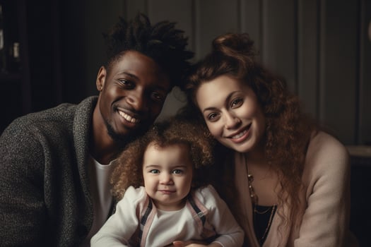 AI generated Interracial family, portrait of happy multi ethnic parents with cute little daughter looking at camera, indoors photo