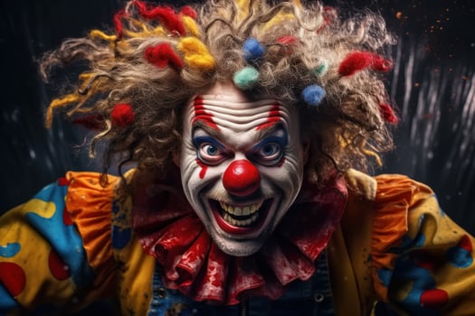 AI generated Fat creepy male artist with red nose and make-up, laughing clown photo
