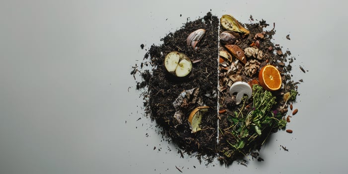 AI generated Generative AI, half of food waste compost and half of soil, environmental background, biodegradable kitchen waste, composting organic food photo