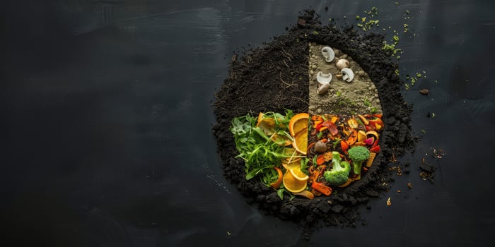 AI generated Generative AI, half of food waste compost and half of soil, environmental background, biodegradable kitchen waste, composting organic food photo