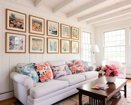AI generated Living room gallery wall, home decor and wall art, framed art in the English country cottage interior, room for diy printable artwork mockup and print shop photo