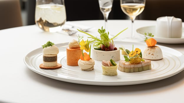 AI generated Food, hospitality and room service, starter appetisers as English countryside exquisite cuisine in hotel restaurant a la carte menu, culinary art and fine dining photo