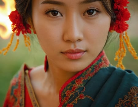 AI generated Eastern woman in a kimono and flowers in her hair. photo