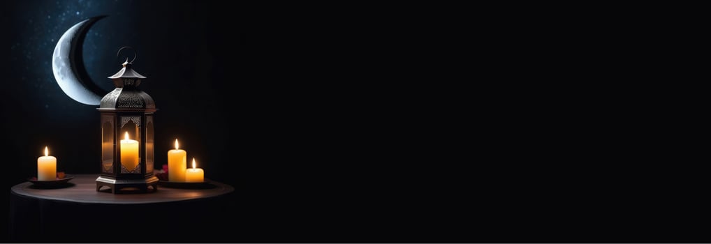 AI generated Laylat al-Qadr, Eid al-Fitr, holy month of Ramadan,silver month, Arab lantern fanus, glow and stars, candles, magical atmosphere, dark background, horizontal banner, place for text photo