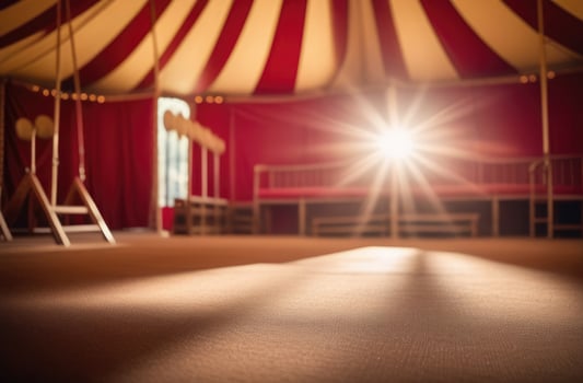 AI generated World Circus Day, circus tent inside, circus arena, leisure and entertainment for children, sunny day, sun rays photo