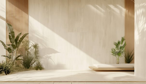 AI generated white sitting room near a wall with plants and wooden panels photo