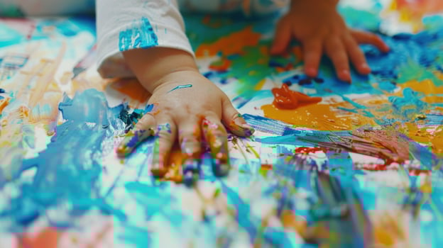 AI generated A child joyfully draws with their hands, smudging colors across the canvas in playful abandon photo
