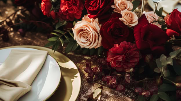 AI generated Wedding and event celebration tablescape with flowers, formal dinner table setting with roses and wine, elegant floral table decor for dinner party and holiday decoration, home styling photo