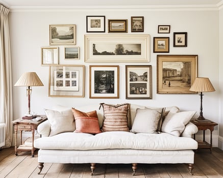 AI generated Cottage gallery wall, wall art, home decor and framed art in the English country house interior with antique furniture, room for diy printable artwork mockup and print shop photo