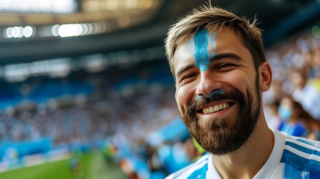 AI generated Argentina fan with painted face cheering at stadium event with blurry background and space for text photo