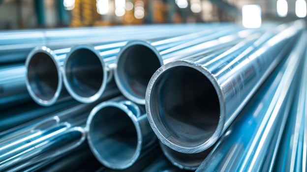 AI generated Stack of stainless steel pipes   metallurgical industry background concept image photo