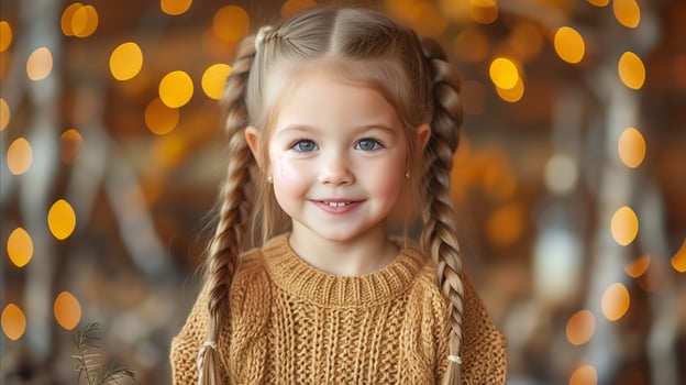 AI generated Smiling young girl with braided hair in cozy sweater over festive background photo