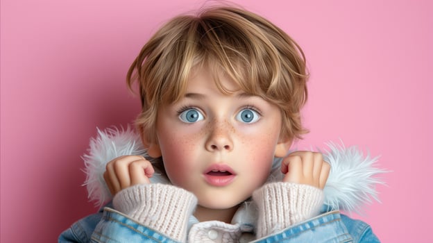 AI generated Surprised child with blue eyes holding feather on pink background photo