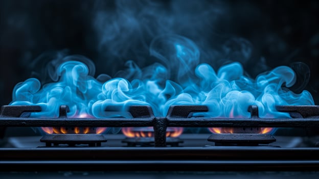AI generated Blue flames and smoke rising from gas stove burners in dark kitchen photo