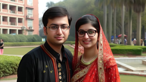 AI generated Traditional south asian couple smiling in cultural attire outdoors photo