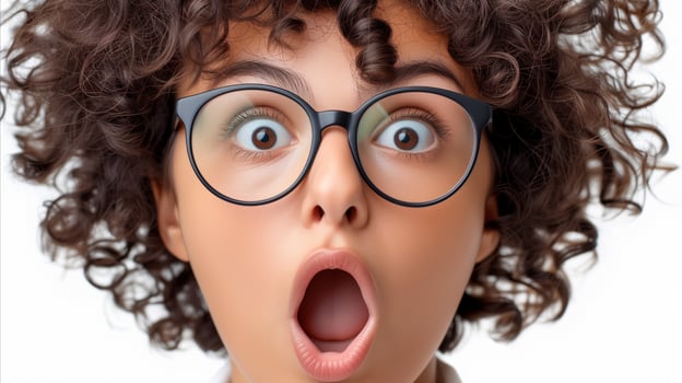 AI generated Surprised child with curly hair and glasses on white background photo