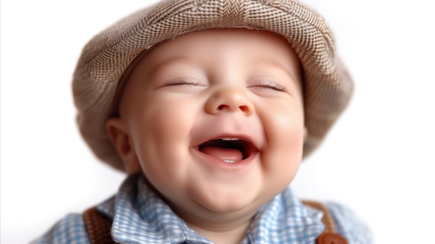 AI generated Joyful baby boy laughing wearing a cute flat cap on white background photo
