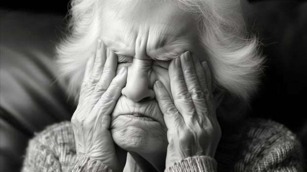 AI generated Elderly Woman Expressing Distress With Hands on Face photo