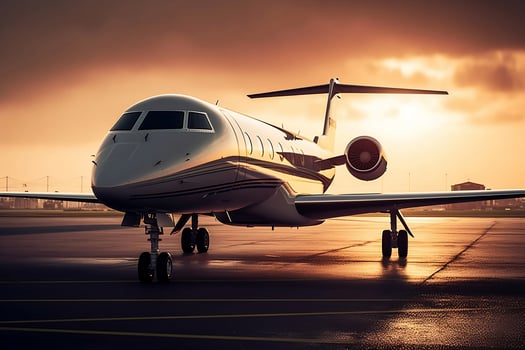 AI generated Glowing airplane or private jet in the sunset. created with Generative AI photo