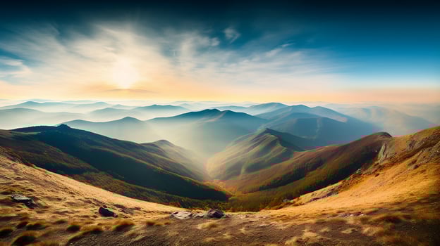AI generated A Breathtaking View of the Majestic Mountain Landscape at Sunset. created with Generative AI photo