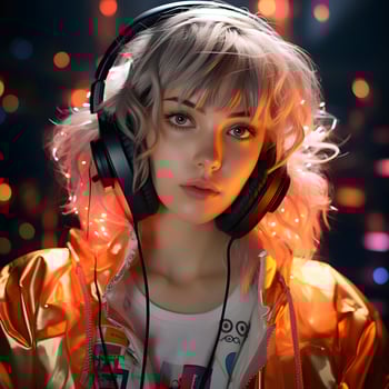 AI generated Cute Woman with Short Messy Hairstyle, Listening to Music. Colorful Art Illustration. Generative Ai photo