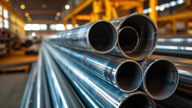AI generated Galvanized steel pipes stacked in orderly rows within a warehouse, showcasing strength. Ai Generated. photo